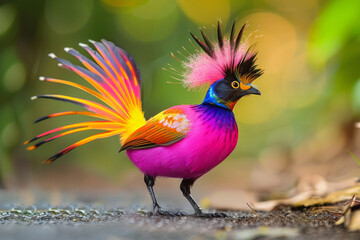 Fototapeta premium A colorful bird with stands on a paved surface. The bird's bright colors and unique appearance. colorul exotic bird creature. this bird has many colors and it appears to be from another planet.