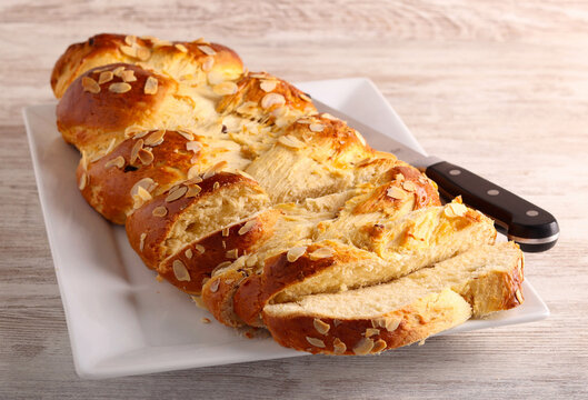 Freshly homemade braid bread on plate,