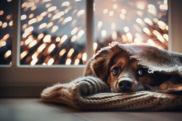 Little dog hides under a blanket during fireworks outside the window.