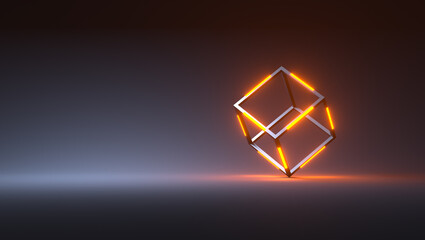 Abstract dark background with neon glowing cube. Empty stage with geometric figure and copy space. 3d illustration