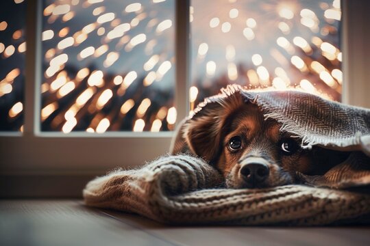 Little dog hides under a blanket during fireworks outside the window.