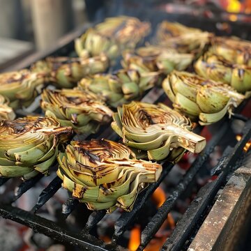 Smoked grilled artichokes on a wood-fired gril