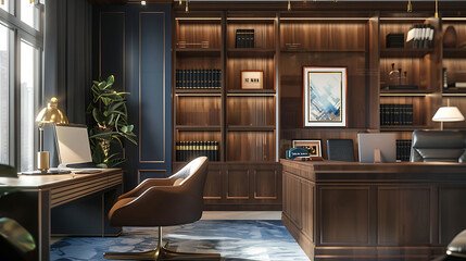 Modern Chamber of a Lawyer with Neutral color scheme with pops of deep blue or burgundy for a professional ambiance.