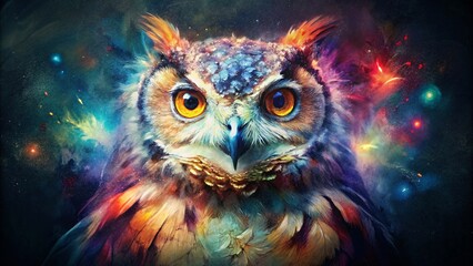 colorful painting with beautiful owl on abstract background, Colorful painting..