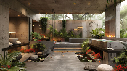 Modern luxury bathroom interior with tropical plants and nature view, featuring a freestanding bathtub and glass walls.