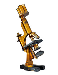 Old brass microscope isolated on transparent background.  Retro optical equipment. Retro objects, gadgets, vintage style.