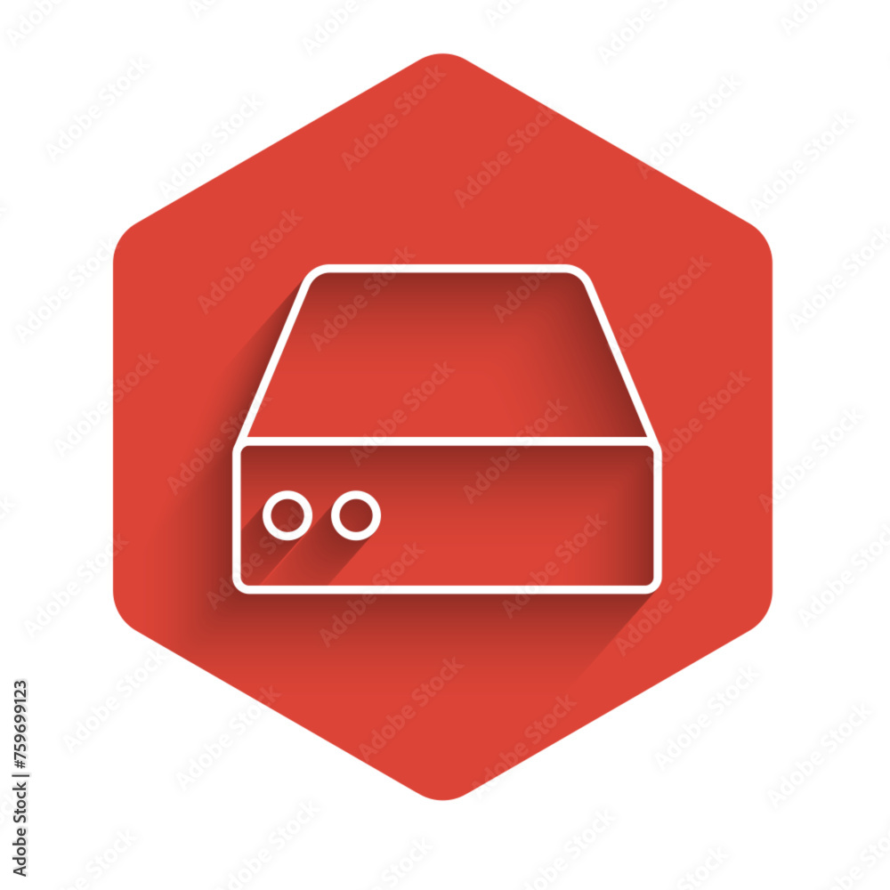 Poster white line server, data, web hosting icon isolated with long shadow background. red hexagon button. 