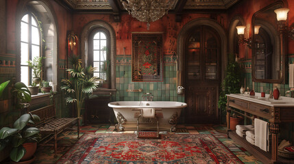 Vintage bathroom with claw-foot tub, ornate tiles, and lush plants in a rustic setting. - obrazy, fototapety, plakaty