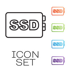 Black line SSD card icon isolated on white background. Solid state drive sign. Storage disk symbol. Set icons colorful. Vector