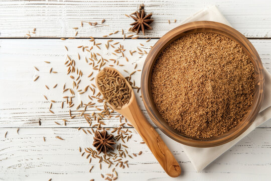 Ground cumin seeds and powder on a white wooden background