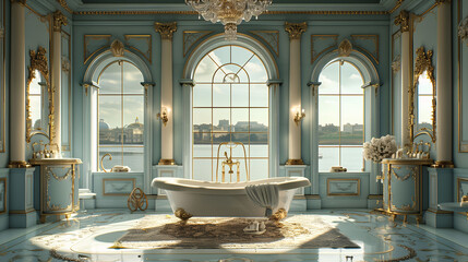 Luxurious bathroom with elegant classic interior, freestanding bathtub, and large windows with city view. - obrazy, fototapety, plakaty