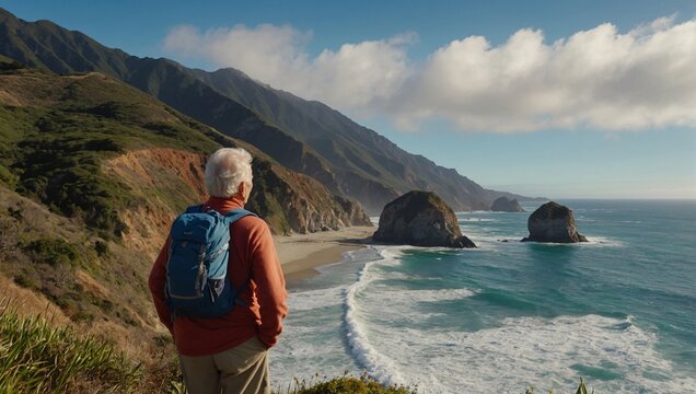 Senior man with backpack and trekking poles looking at the ocean.