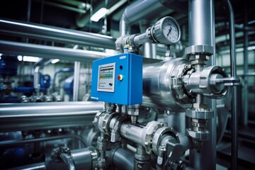 A detailed view of a level transmitter in a bustling industrial environment complete with pipes and gauges