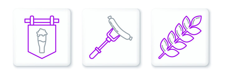 Set line Cereals set with rice, wheat, corn, oats, rye, barley, Street signboard glass of beer and Sausage on the fork icon. Vector