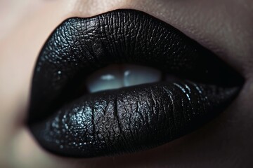 Female lips with a black lipstick makeup. - obrazy, fototapety, plakaty