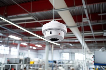 An Advanced Smoke Detector System Installed in an Industrial Warehouse with Visible Pipes and Ductwork - obrazy, fototapety, plakaty