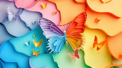 Colorful paper butterflies on layered pastel background.