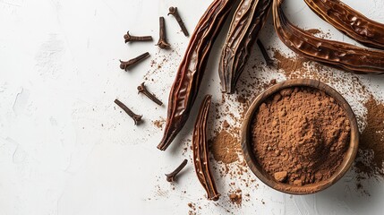 Locust bean nutritious meal, carob molasses in a glass bowl and carob flour or powder with carob pods on a white background and space for text, Generative AI. - obrazy, fototapety, plakaty