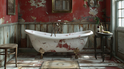Vintage bathroom with claw-foot bathtub and rustic decor in a room with red peeling walls and wooden floor.