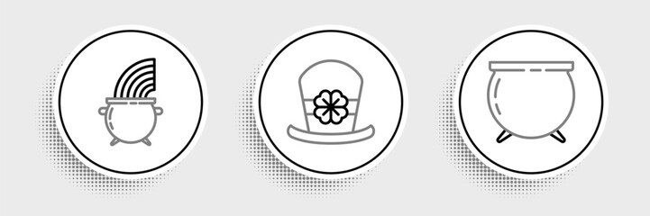Set line Witch cauldron, and rainbow and Leprechaun hat four leaf clover icon. Vector