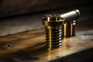 Detailed image of a polished brass bolt resting on an aged wooden surface under warm lighting