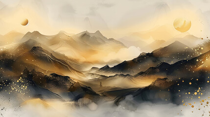 Artistic background, landscape painting, Chinese style, mood landscape painting, golden texture....
