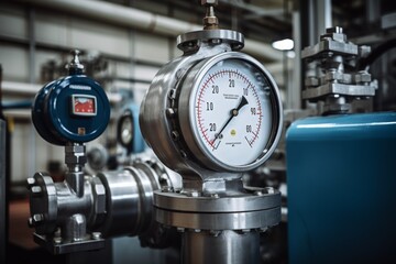 Detailed View of an Advanced Flowmeter in an Industrial Setting with Surrounding Pipelines and Gauges