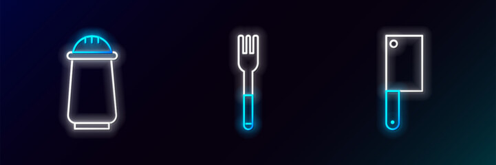 Set line Meat chopper, Salt and pepper and Fork icon. Glowing neon. Vector
