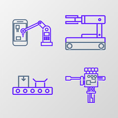 Set line Mechanical robot hand and screwdriver, Conveyor belt with cardboard box, Robot and Industrial machine robotic arm icon. Vector