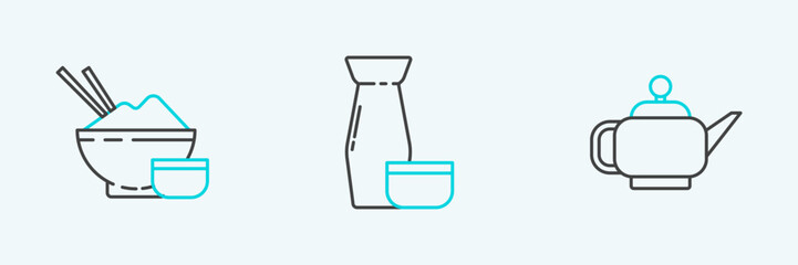 Set line Japanese tea ceremony, Rice in bowl with chopstick and Traditional icon. Vector