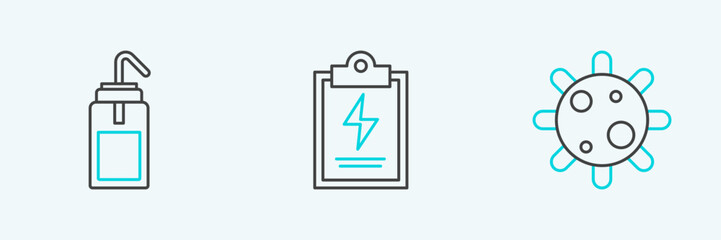 Set line Bacteria, Laboratory wash bottle and clipboard with checklist icon. Vector