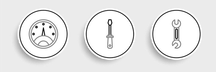 Set line Wrench, Speedometer and Screwdriver icon. Vector