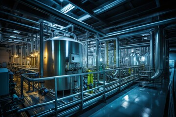 Fototapeta premium Industrial Scene Featuring a Massive Pickling Tank Amidst an Array of Factory Machinery