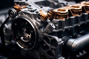 Detailed perspective of an engine block revealing the complexity of its design in an industrial setting