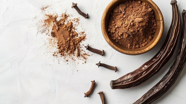 Locust bean nutritious meal, carob molasses in a glass bowl and carob flour or powder with carob pods on a white background and space for text, Generative AI.