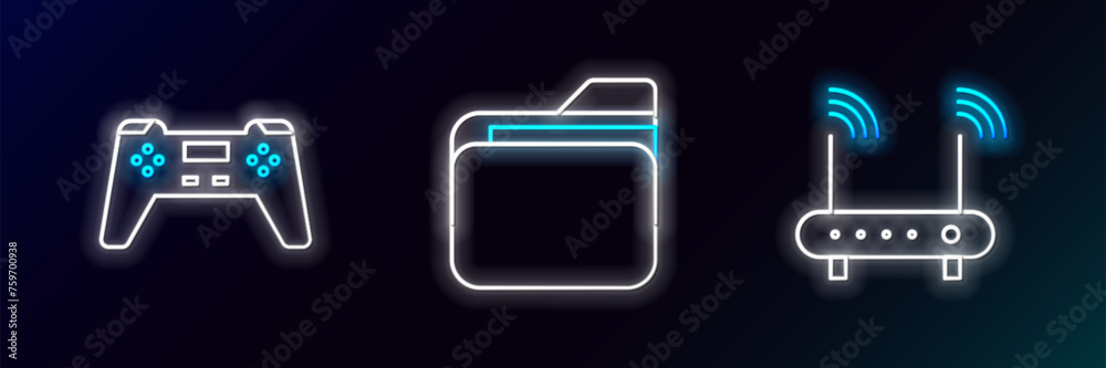Poster set line router and wi-fi signal, gamepad and document folder icon. glowing neon. vector