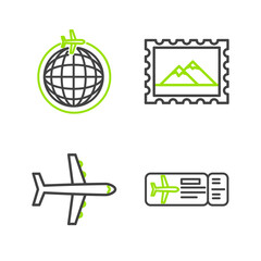 Set line Airline ticket, Plane, Postal stamp and Mountains and Globe with flying plane icon. Vector