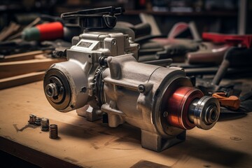 Detailed Look at a Starter Motor Placed on an Antique Wooden Table in a Mechanic's Garage - obrazy, fototapety, plakaty