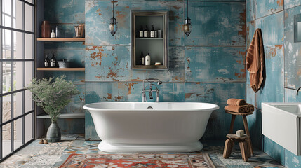 Vintage bathroom interior with freestanding tub, distressed blue walls, and industrial shelving. - obrazy, fototapety, plakaty