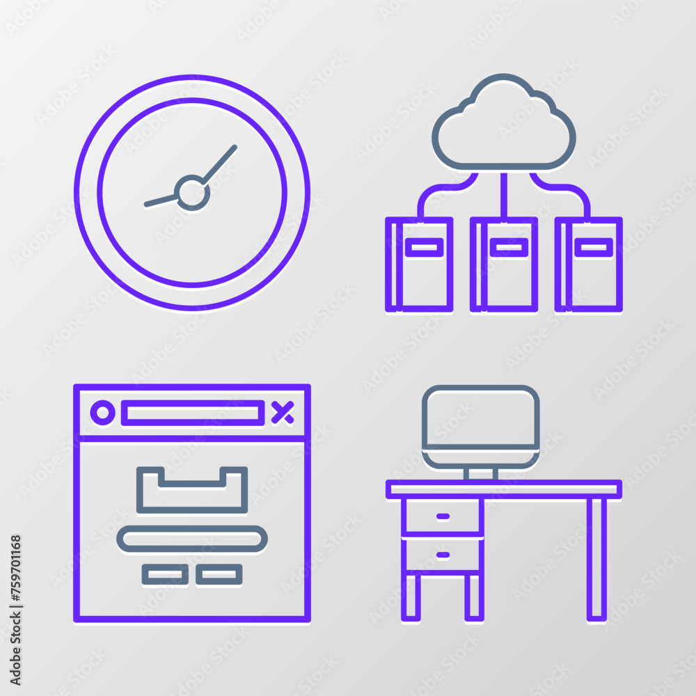 Poster set line computer monitor and desk, browser window, cloud online library and clock icon. vector