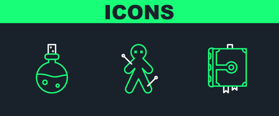 Set line Ancient magic book, Bottle with love potion and Voodoo doll icon. Vector