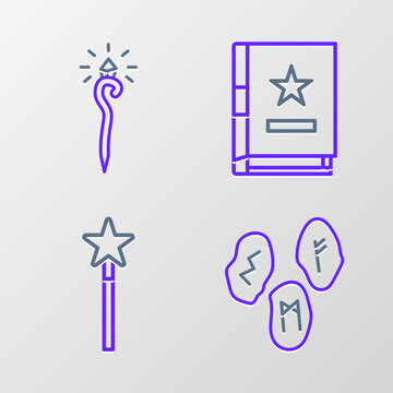 Set line Magic runes, wand, Ancient magic book and staff icon. Vector
