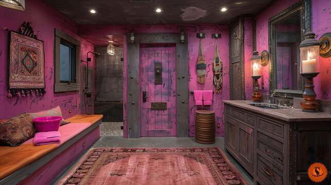 Eclectic bathroom interior with vibrant purple walls, vintage furnishings, and unique decor accents.