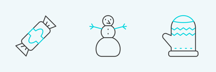 Set line Christmas mitten, Candy and snowman icon. Vector