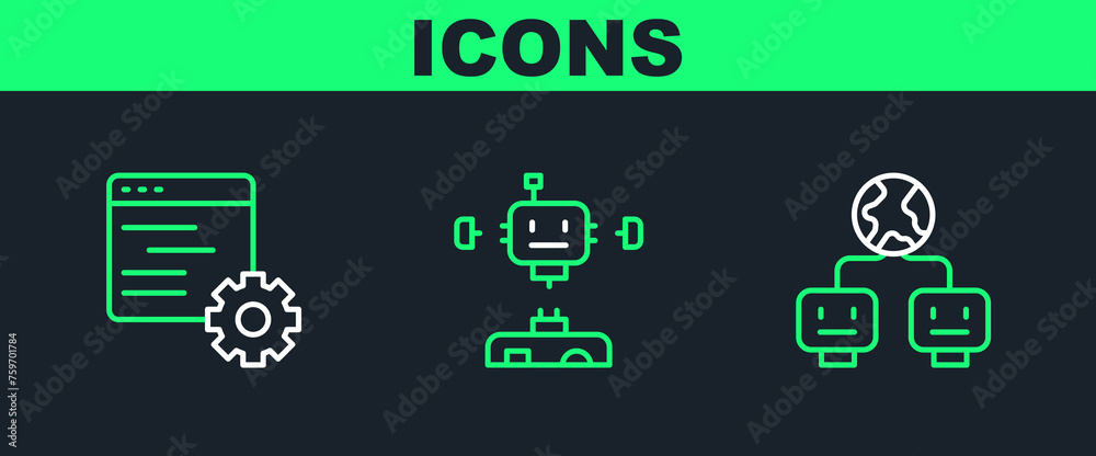 Poster set line artificial intelligence, computer api interface and disassembled robot icon. vector