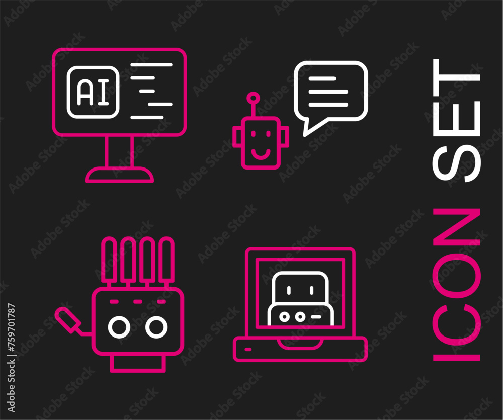 Poster set line creating robot, mechanical hand, bot and software icon. vector
