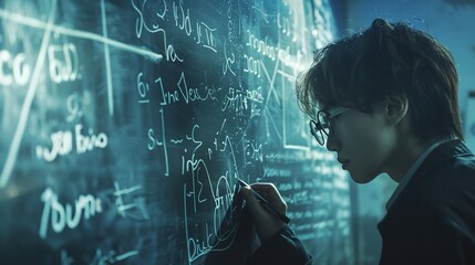 Picture of a man in glasses studying arithmetic in a classroom against a murky background on a white board, Generative AI. - obrazy, fototapety, plakaty