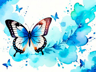 Fototapeta na wymiar Watercolor background for your design with butterflies in blue colors 