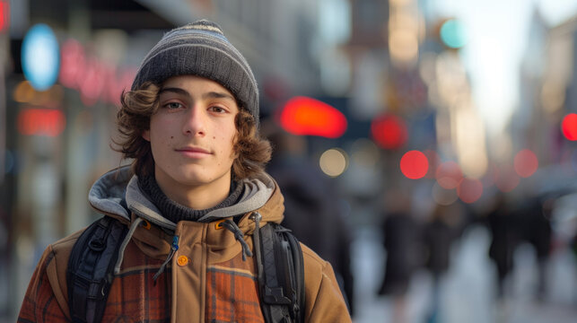 A teenage boy wearing a beanie and a plaid jacket with a backpack standing on a city street.