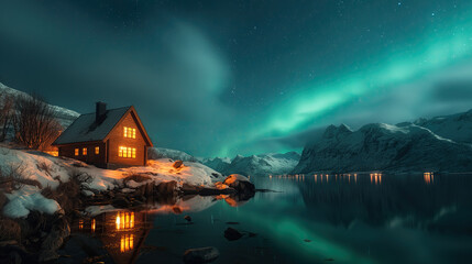 Cozy cabin nestled along the Norwegian fjords, surrounded by snow-capped peaks and the ethereal...
